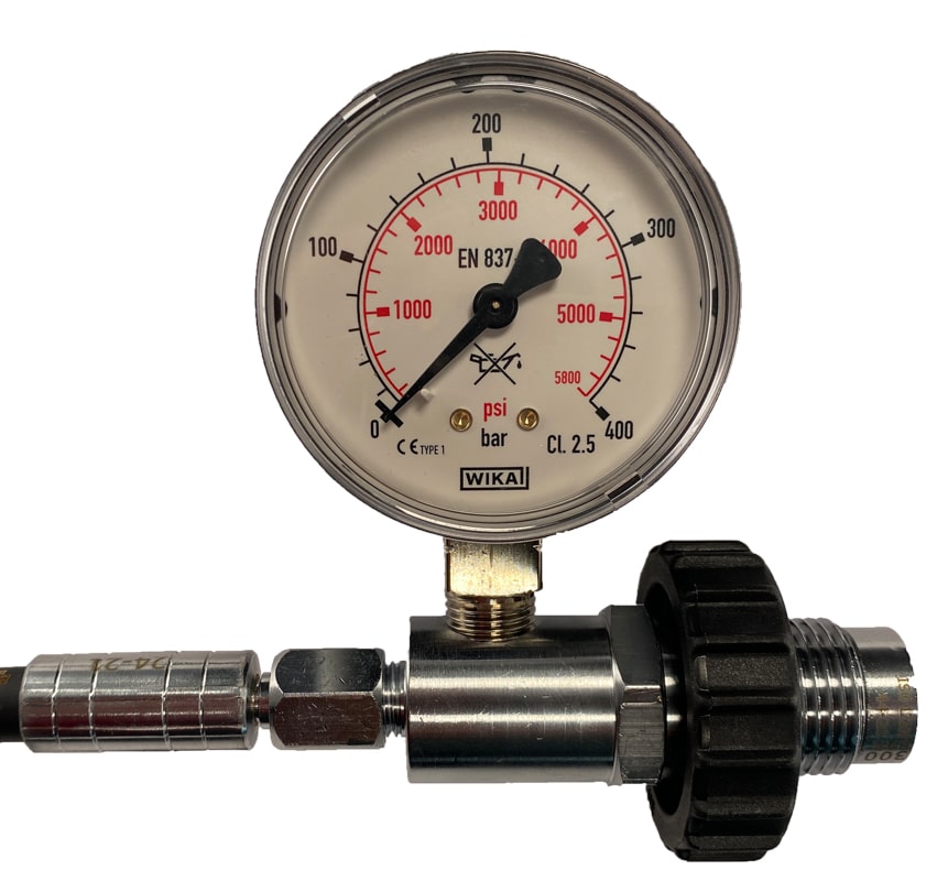 Decanting Hose DIN, 300 Bar / 4300 PSI with metric gauge